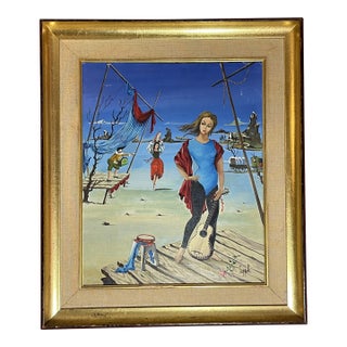 Vintage French Surrealist Figurative Oil Painting on Canvas, Framed For Sale