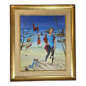 Vintage French Surrealist Figurative Oil Painting on Canvas, Framed
