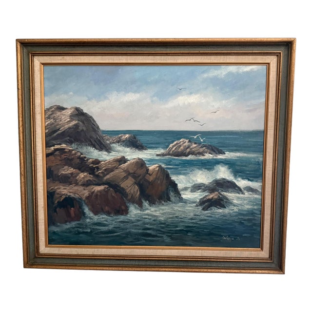 Vintage Framed Seascape Painting Oil on Canvas by Michael Stoffa, 29" X 24" For Sale