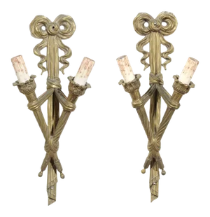 French 19th Century Bronze Two-Light Ribbon-Tied Wall Sconces, Wired - A Pair