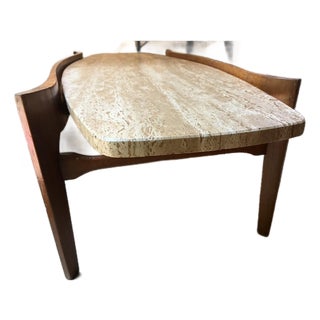 Mid-Century Walnut Surfboard Travertine Coffee Table For Sale