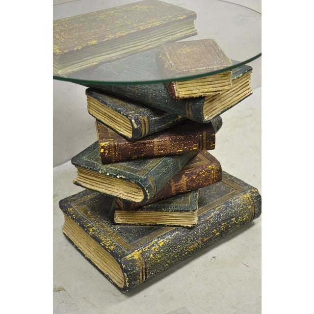 Vintage Regency Style Figural Faux Stacked Book Form Round Glass Top Side Table For Sale In Philadelphia - Image 6 of 11