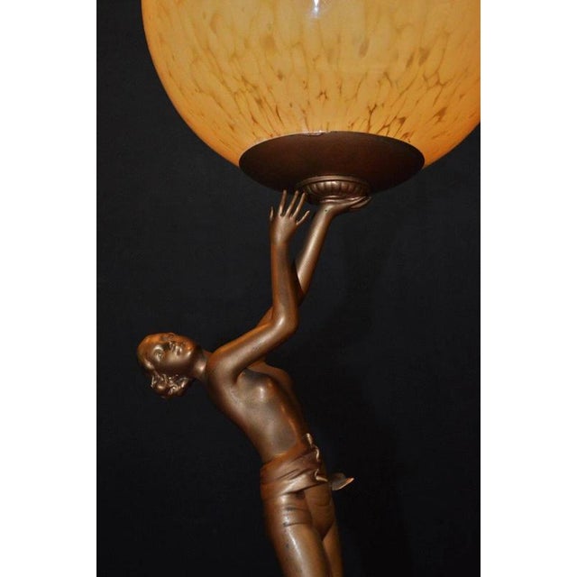 1930s Art Deco French Bronze Dancer Table Lamp with Opaline Glass Globe, 1930s For Sale - Image 5 of 18