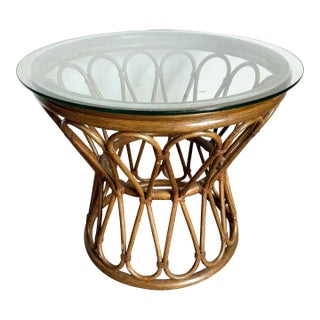 Boho Chic Bamboo Rattan Circular Beveled Glass Top Side Table For Sale