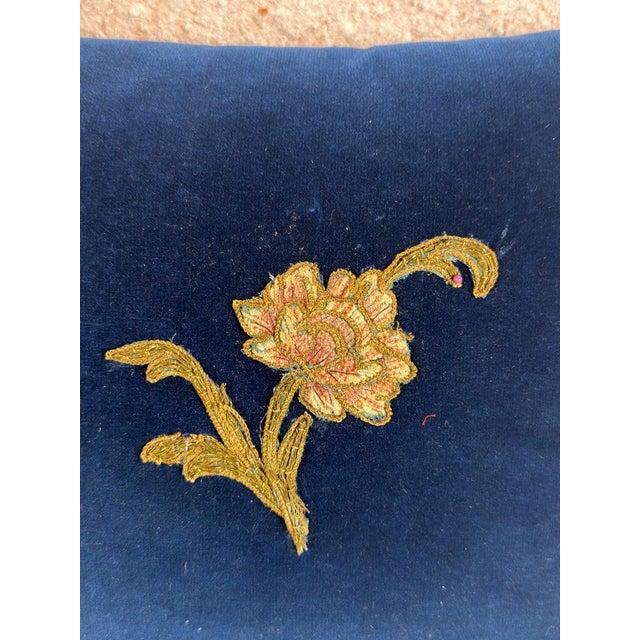 Textile Pair of French Sapphire Velvet Pillows With 19th Century Gold Metallic Appliques For Sale - Image 7 of 11