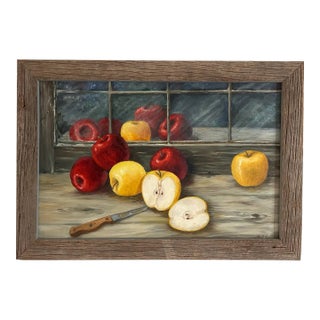 Vintage Original Large Oil Painting Still Life of Apples in Window For Sale