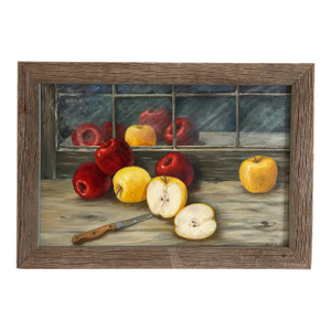 Vintage Original Large Oil Painting Still Life of Apples in Window