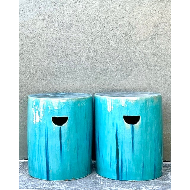 Vintage Drip Glazed Ceramic Garden Stools - A Pair For Sale - Image 12 of 12