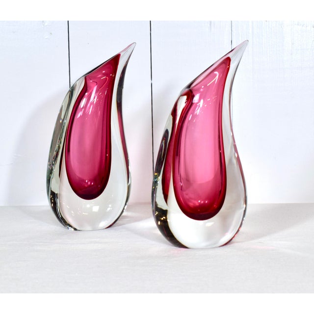 Mid-Century Modern handblown vases with flame tip design featuring teardrop base using the Sommerso technique which...