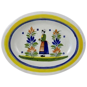 HenRiot Quimper Oval Faience Bowl, Femme de la Campagne Breton