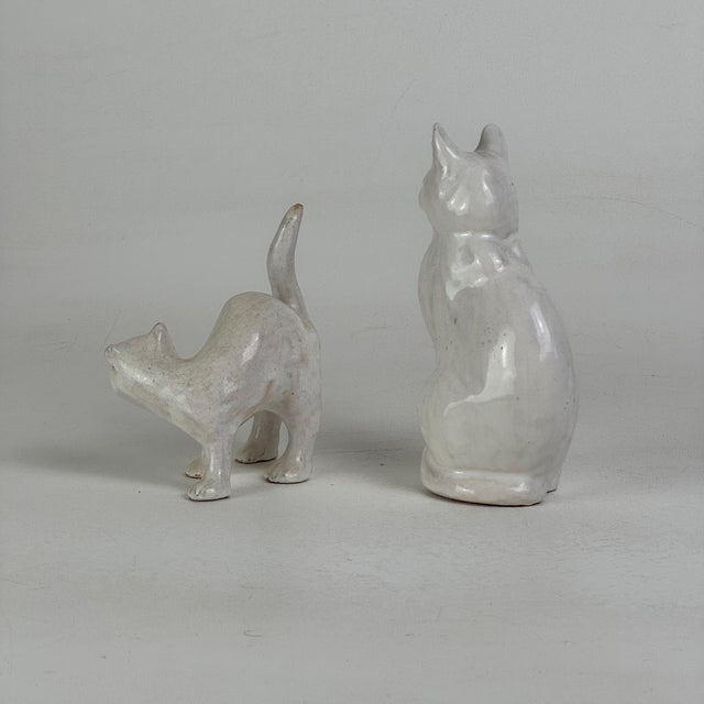 Pair of Vintage French White Tin Glazed Terracotta Cat Figurines With Green Glass Eyes For Sale - Image 9 of 10
