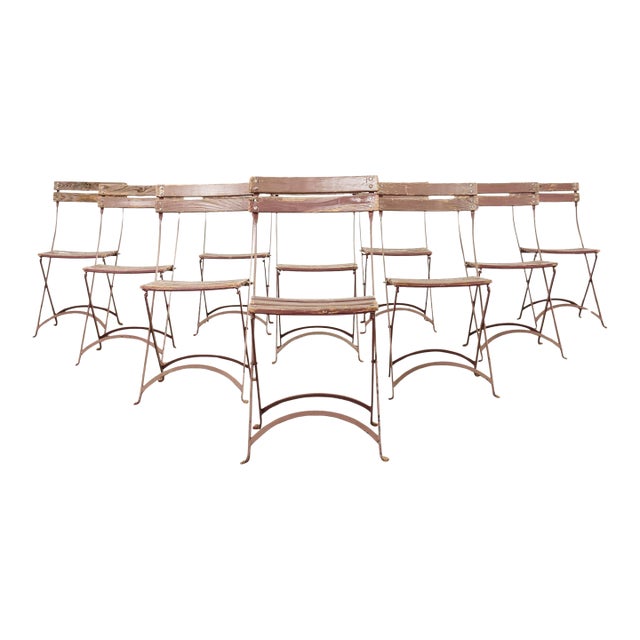 Set of Ten French Folding Iron Bistro Dining Chairs For Sale