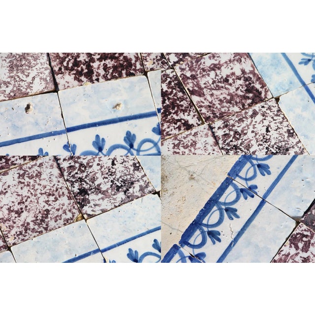 18th Century Tile Mural Panel, Aubergine Spongeware Surrounded by Blue & White Flowers - 35 Pieces For Sale - Image 9 of 13