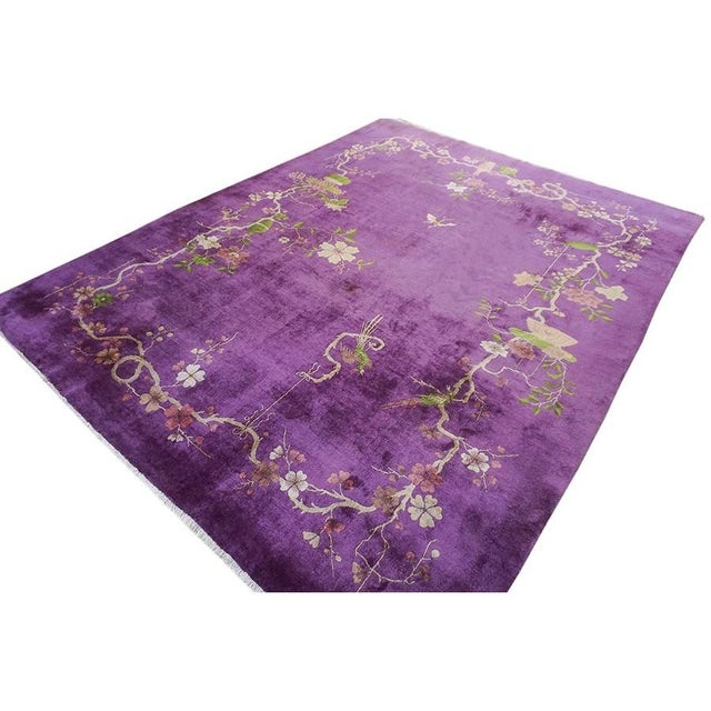 1920s 1920s Antique Purple Vase Bird Chinese Handknotted Art Deco Wool Room Size Rug For Sale - Image 5 of 9