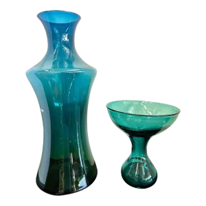 Blue Green Turquoise Signed Blenko Glass - Set of 2