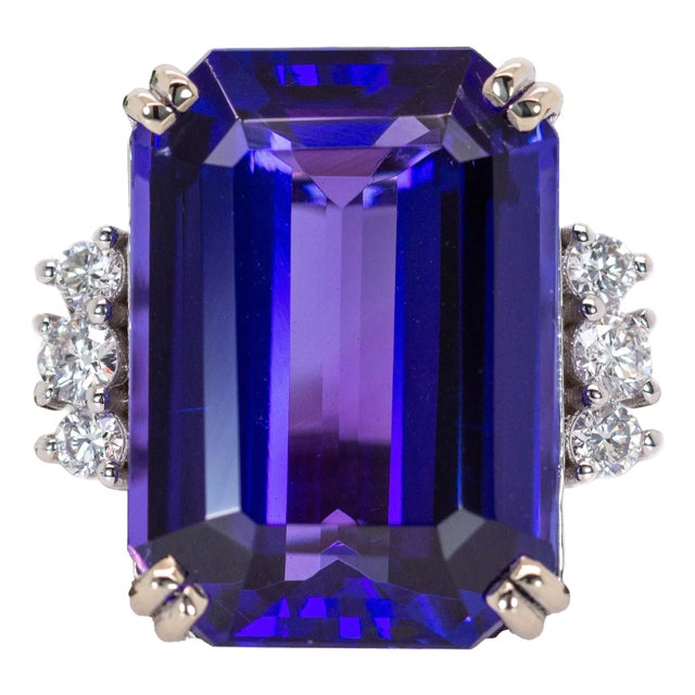 12cts Statement Tanzanite Ring with Natural Diamond Accents in 14k Gold Em 16x12mm, Size 6.75 For Sale