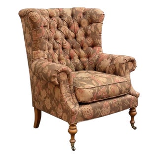 Large Scale Victorian English Ralph Lauren Style Tufted Wingback Chair For Sale