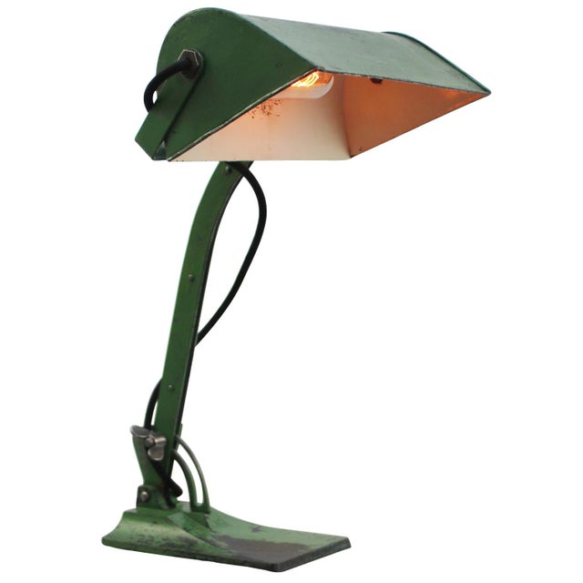 Industrial Green Metal Cast Iron Bankers Table Desk Lamp For Sale - Image 3 of 8
