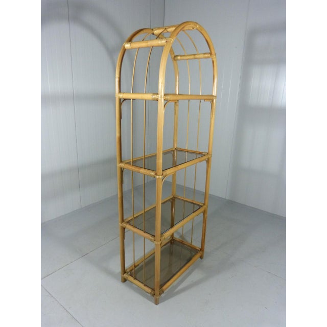 Wood Rattan & Smoked Glass Display Rack, 1970s For Sale - Image 7 of 11