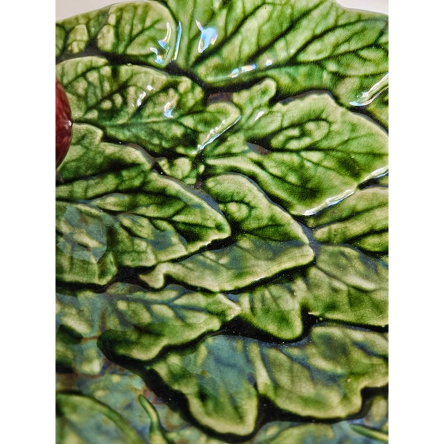 Vintage Portuguese Majolica Cabbage Leaf Serving Dish With Plum Handle For Sale - Image 4 of 6
