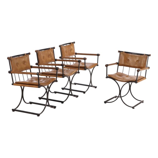 Set of Four 1970s Iron Campaign Style Dining Chairs, Attributed to Cleo Baldon For Sale