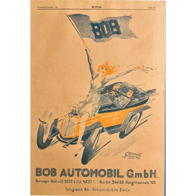 The image shows a 1921 promotional signed and numbered lithograph by G Strowig for Bob Automobil G.m.b.H. (later Bob...