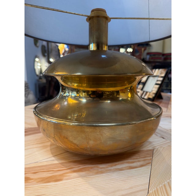 1970s Sculptural Brass Table Lamp With Blue Shade 1970's For Sale - Image 5 of 7