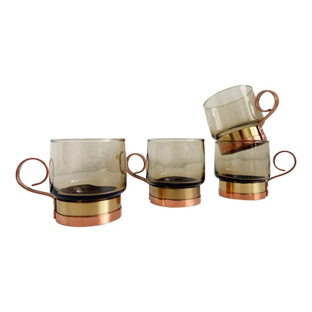 Vintage Espresso Cups in Brass, Copper, Smoked Glass- Set of 4 For Sale