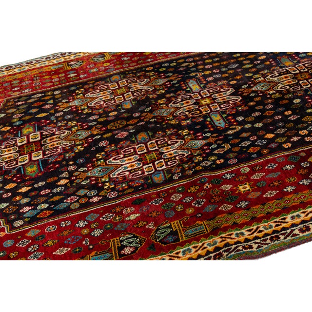 Vintage Shiraz Wool Rug – Hand-Knotted Tribal Medallion Accent Rug in Deep Crimson & Midnight Navy For Sale - Image 9 of 9