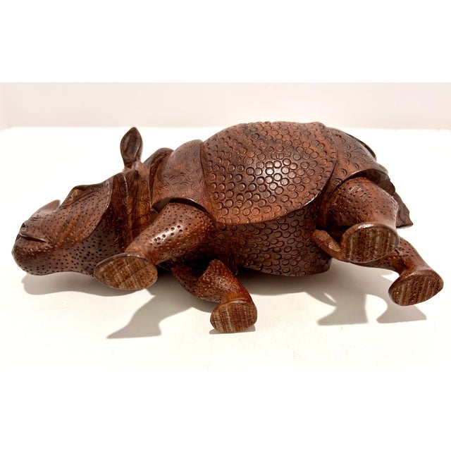 1970s Set of 3 Hand-Carved Solid Wood Rhinoceros Sculptures, Textured Hide, Inlaid Teeth and Toenails For Sale - Image 11 of 18