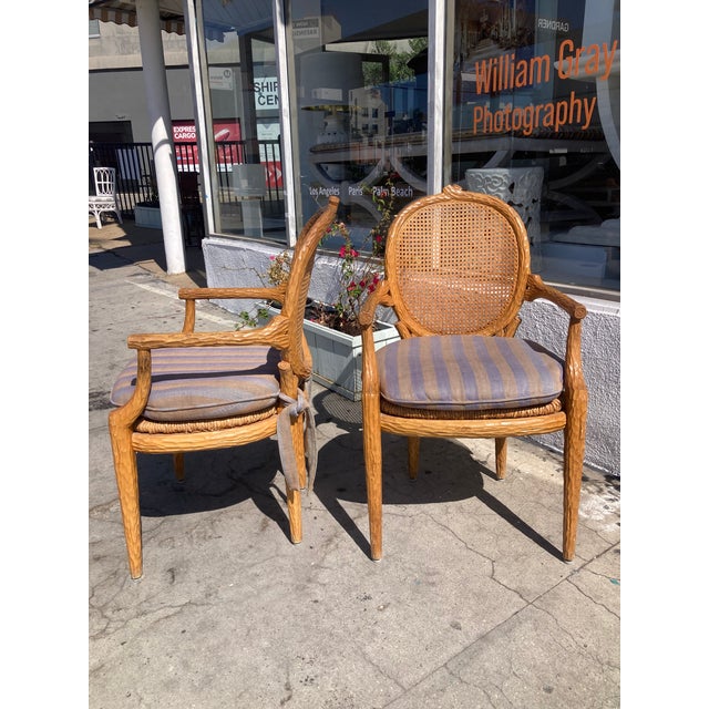 Faux Bois Arm Dining Chairs With Cain Backs and Rush Seats- A Pair For Sale - Image 9 of 9