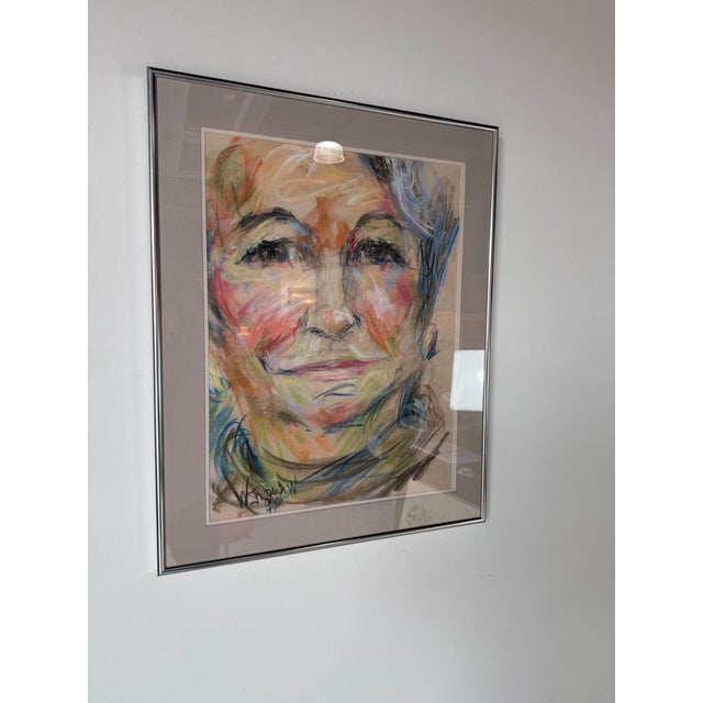 Mid-Century Modern 1990's Vintage Expressionist Woman Portrait Oil Pastel on Paper, Signed & Framed For Sale - Image 3 of 12