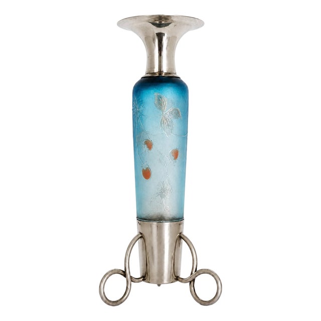 Art Nouveau Blue Cameo Glass and Silver Vase from Daum Nancy, 1900s For Sale