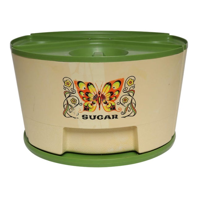 Vintage Sterilite Four Piece Canister Set With Lazy Susan Base in Cream and Green Plastic With Butterfly Motif For Sale