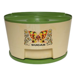Vintage Sterilite Four Piece Canister Set With Lazy Susan Base in Cream and Green Plastic With Butterfly Motif