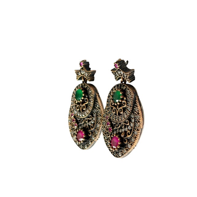 Vintage Natural Ruby, Emerald and Diamond Earrings- 925 Sterling Silver For Sale - Image 9 of 10