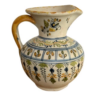 Early 20th Century Spanish Hand Painted Blue and Yellow Pottery Pitcher Jug For Sale