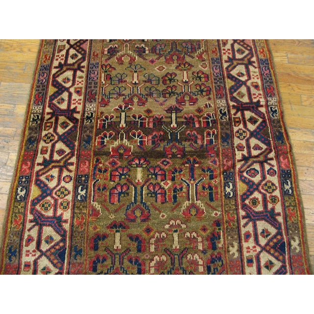 Persian 1870s Brown Geometric Tribal Antique W. Persian Kurdish Runner Rug 3'9" X 11'3" Handknotted Wool Carpet For Sale - Image 3 of 6