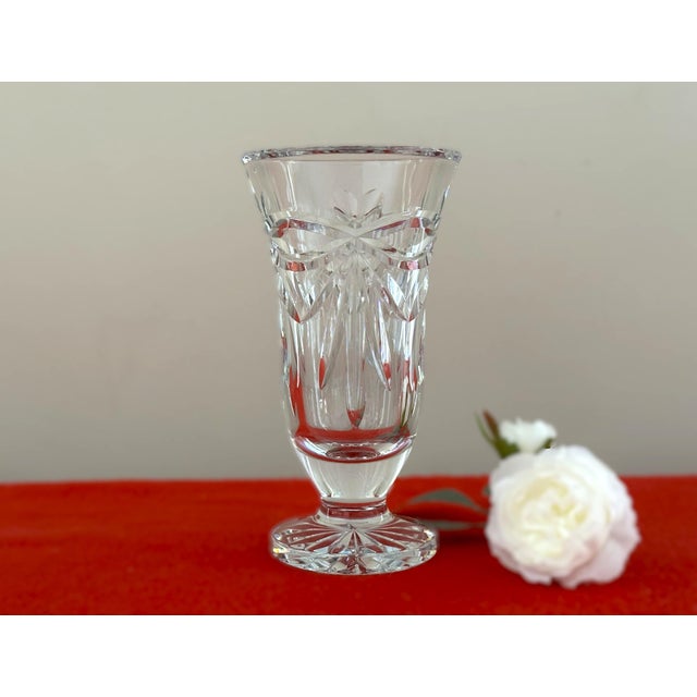 Contemporary Happy Anniversary Crystal Vase by Waterford - 7" Vintage Irish Cut Glass Ribbon Pattern For Sale - Image 3 of 7