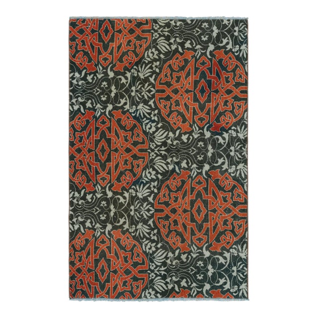 Vintage Hereke Rug in Teal With Orange Arabesque Medallions | Rug & Kilim For Sale