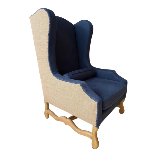 Custom Two-Toned Wingback Chair by Restoration Hardware in Navy Blue, Nail-Head Trim For Sale