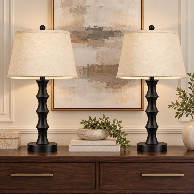 Late 20th Century Sculptural Matte Black Table Lamps With Linen Shades - A Pair For Sale - Image 4 of 8