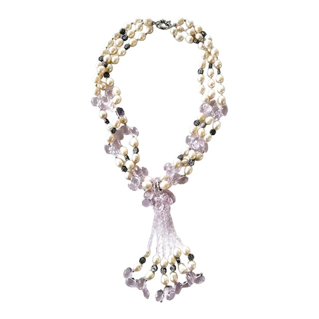 1980s Freshwater Pearl and Pink Crystal Beaded Necklace With Silver Accents- 20" For Sale