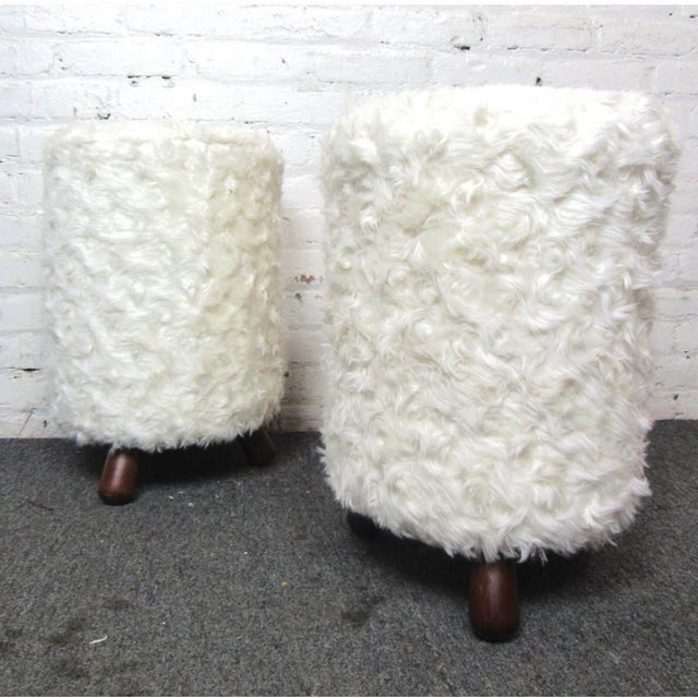 Modernist faux fur cylindrical stools with walnut legs in the manner of Jean Royere 14” diameter x 20.5” height