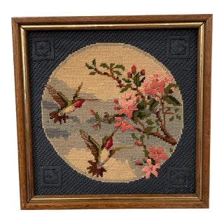 Vintage Framed Chinoiserie Asian Boho Flare Cherry Blossom Tree Hummingbird and Floral Flowers Needlepoint For Sale