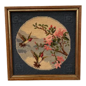 Vintage Framed Chinoiserie Asian Boho Flare Cherry Blossom Tree Hummingbird and Floral Flowers Needlepoint