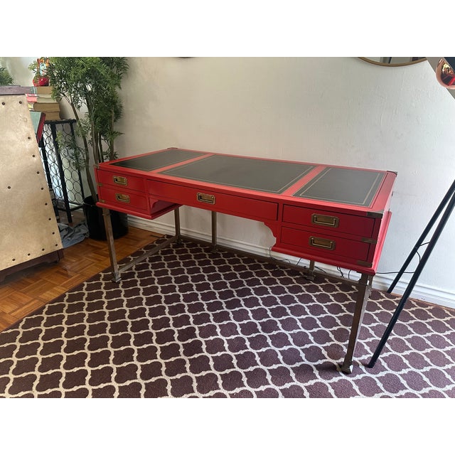 Sligh-Lowry Furniture Co. Sligh Furniture Hollywood Regency Red Lacquer Campaign Desk For Sale - Image 4 of 12