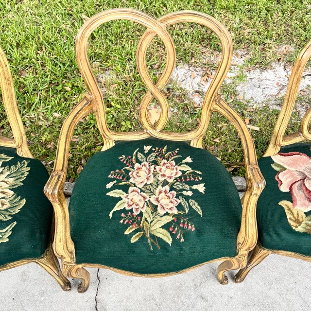 Vintage Rococo Style Wooden Floral Needlepoint Dining Chairs - Set of 4 (No Captain Chair) For Sale - Image 4 of 12
