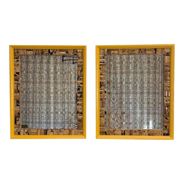 Vintage Boho Chic Tortoise Shell Bamboo & Mustard Yellow Wall Mirrors, a Pair For Sale
