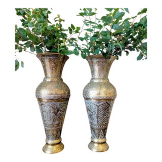 Pair of Large Mid-Century Indian Etched Brass Vases For Sale